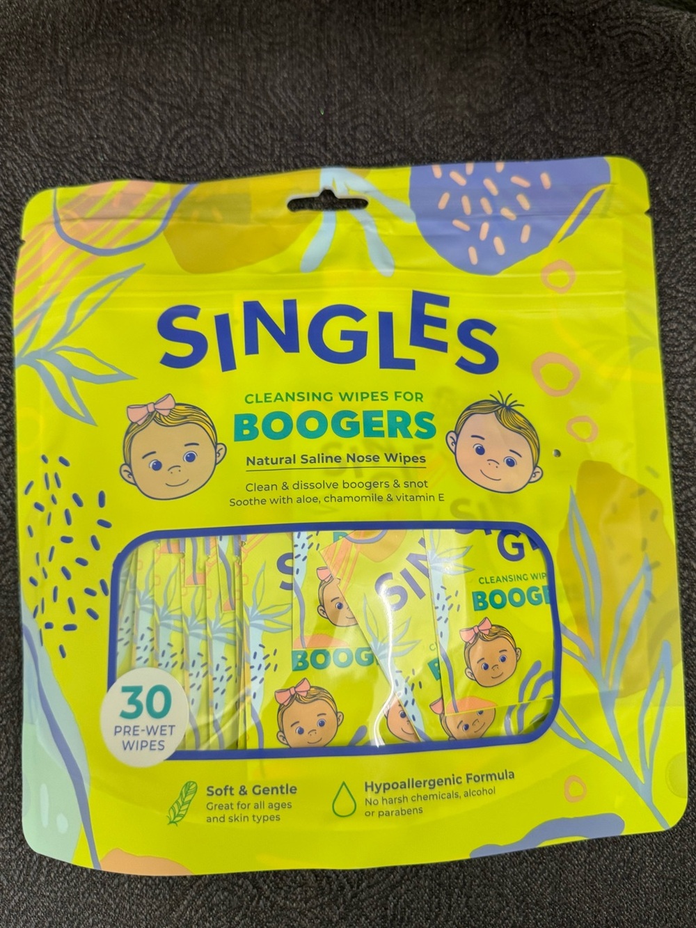 Singles Kids Cleansing Nose Wipes for Boogers - 30 pack Yellow brand new in bag